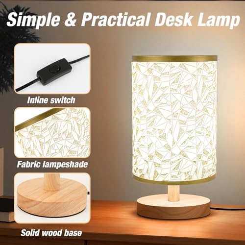Desk Lamp LED Bulb Included, Small Bedside Table Lamp Plug-in - Classic Wood Base with Flaxen Fabric Shade, Lamps for Night Stands, Simple Nightstand Light for Bedroom, Office, Desk - Image 4