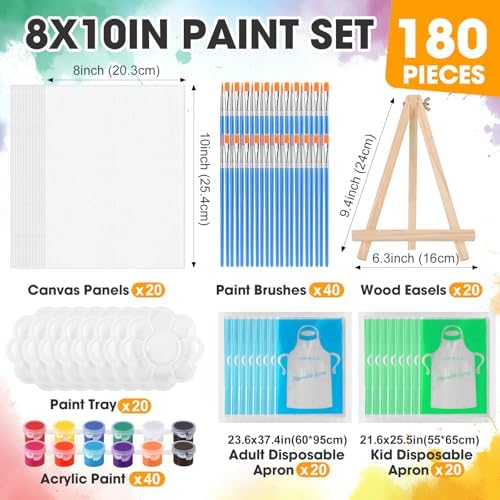 ESRICH 20 Pack 8x10 Canvas and Easel Set, Mini Acrylic Paint, Paint Brushes, Palettes, Aprons, Sip and Paint Kits for Adults Couples Friends Date Night Painting Party Supplies - Image 2