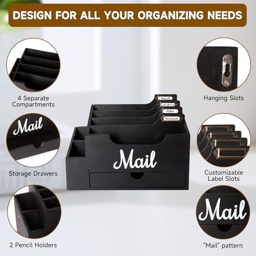 Wood Mail Organizer Countertop, with 6 Compartments and Drawer - Image 4