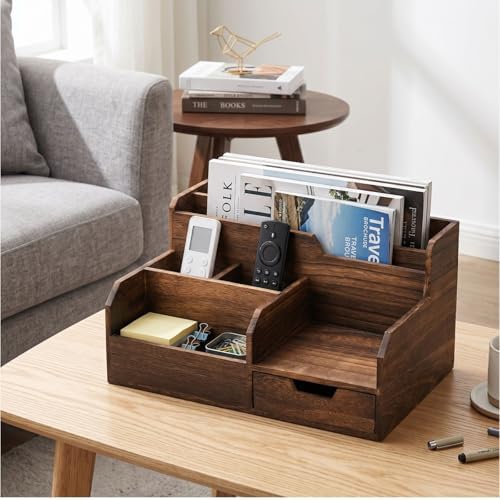 Pumtus Brown Wooden Desk Organizer, Mail Organizer with 7 Compartments and Drawer, Rustic Mail Sorter with Pen Holder, Tabletop Mail Basket, Office Accessories Holder for File Letter Document - Image 6
