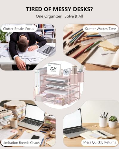 WALI Desk File Organizer, 5 Tier Desktop Paper Letter Tray Organizer with Drawer and 2 Pen Holders, Office Desk Accessories & Workspace Organizers for Office, Home Supplies(DO006DH-P), 1 Pack, Pink - Image 2