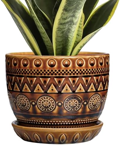G EPGardening Ceramic Pot for Plants 5.5 Inch - Ceramic Plant Pot with Drainage Hole and Saucer, Boho Round Planter for Indoor Outdoor Plants, Plant Lover Gifts, Office Garden House Decor, Brown by GEPGardening
