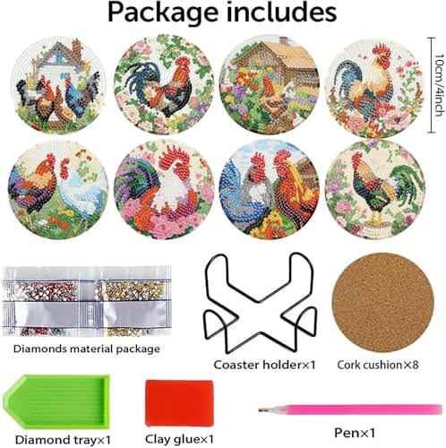 askkqtx 8 Pcs Chicken Diamond Art Coasters Kits with Holder 4X4 Inch - Image 4