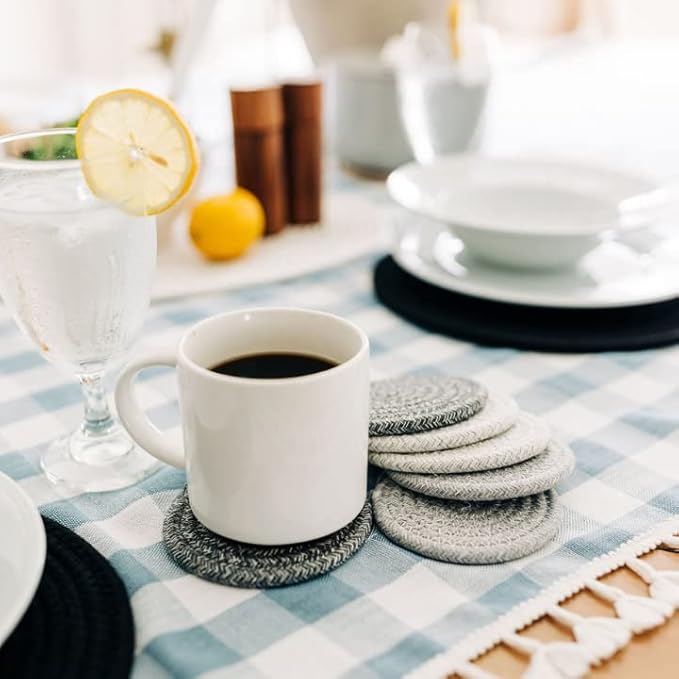 OrganiHaus Drink Coasters Set of 6, Absorbent Cotton Woven Cup Coasters, Rustic Farmhouse Boho Decor for Coffee Table and Drinks Protection, Cute Coaster for Drinks, Coaster for Office Desk - Gray