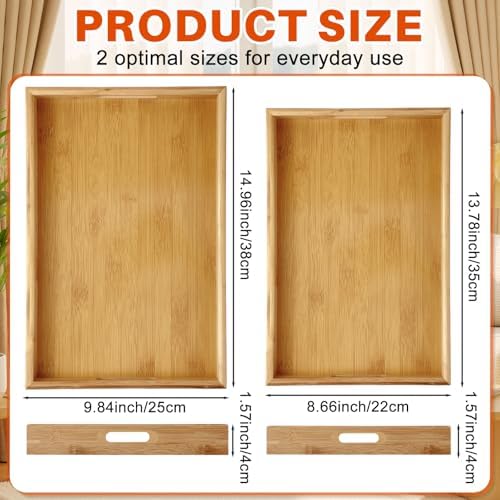 2 Pcs 14 x 9 Inches Bamboo Serving Tray with Handles and 4 Pcs 3.74 Inches Coasters Trays for Serving Food for Breakfast Dinner Coffee Snacks Suitable for Living Room Bedroom Kitchen - Image 2