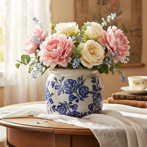 5.9'' Vintage Ceramic Planter, Ice Crack Glaze Blue Rose - Image 5