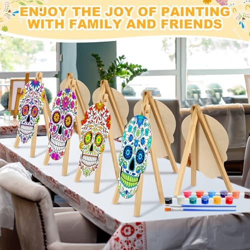 Supervitae 72 Piece Sugar Skull Pre Drawn Canvas Kit 5.9" Dia De Los Muertos Sip and Paint Kit for Adults Painting Party Pre Printed Canvas DIY with Pictures Paints Easels Brushes for Party Gifts - Image 5