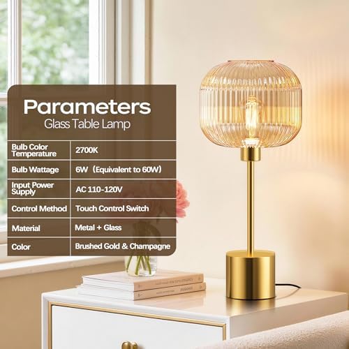 QiMH Glass Table Lamp for Living Room, Modern Bedside Lamp with Champagne Ribbed Glass Shade, 3-Way Dimmable Touch Control Nightstand Lamp for Bedroom, Brushed Gold (2700K LED Bulb Included) - Image 3