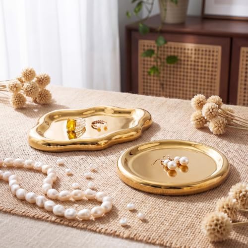 Patelai 2 Pcs Ceramic Jewelry Tray, Cloud Trinket Dish for Women Gold - Image 6