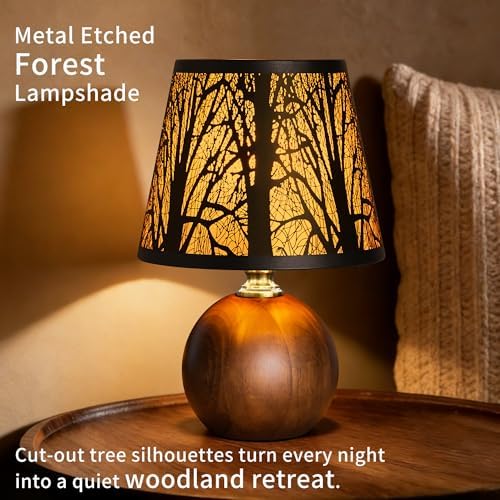 11.4" Rustic Solid Wood Small Table Lamp with Metal Forest Shade - Image 4