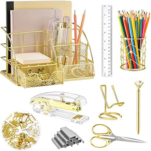 KAAKOW Gold Desk Organizers and Accessories Office Supplies Set Stapler, Pen Holder, Phone Holder, Scissors, Pen, Ruler, 30 Paper Clips, 22 Binder Clip, 20 Tacks and 1000pcs Staples (Gold) by KAAKOW