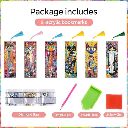 Puraikcmi 6 PCS 5D DIY Diamond Art Bookmarks Kit Cats Diamond Paintings Bookmarks Kits with Tassels Acrylic, Rhinestone Crafts Decoration Gift Set for Book Lovers Beginners & Adults - Image 5