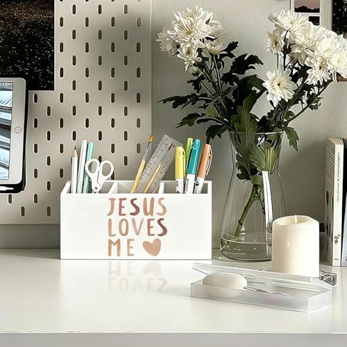 Boho Christian Inspirational Pen Holder, Christian Gifts Pencil Holder for Desk, Jesus Loves Me Bible Verse Wooden Box Sign Decorations for Kids Nursery Room Bedroom Classroom Desk Tabletop - Image 2