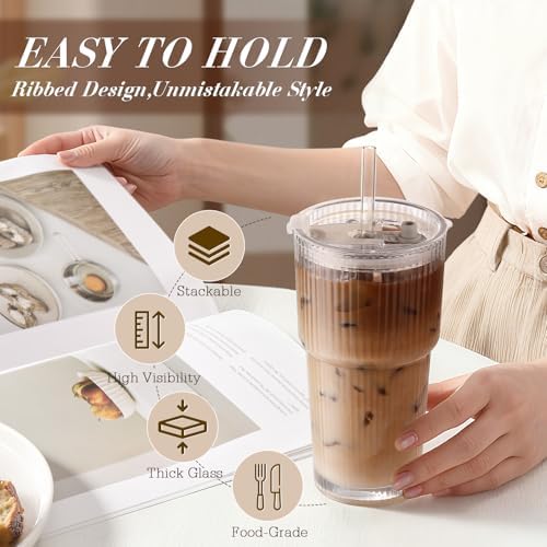 Iced Coffee Cups with Lids: Coffee Bar Accessories - Ribbed Glass Tumbler with Straw and Lid 4Pcs - 20oz Leak Proof Tumbler - Reusable Glass Cups and Tumblers with Lid and Straws for To Go Iced Coffee - Image 3