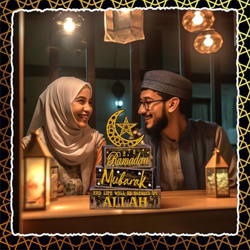 Moucuny 4 Pcs Ramadan Mubarak Wooden Block Signs, Farmhouse Table Decor - Image 6