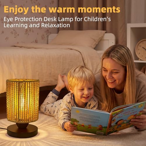 Small Rattan Lamp,Boho Desk Lamp for Living Room,Handmade Farmhouse Woven Bamboo Bedside Lamps for Bedroom,Vintage Wicker Wooden Nightstand Nihgt Light Lamps for Home Decor Gifts for Women Girls - Image 2