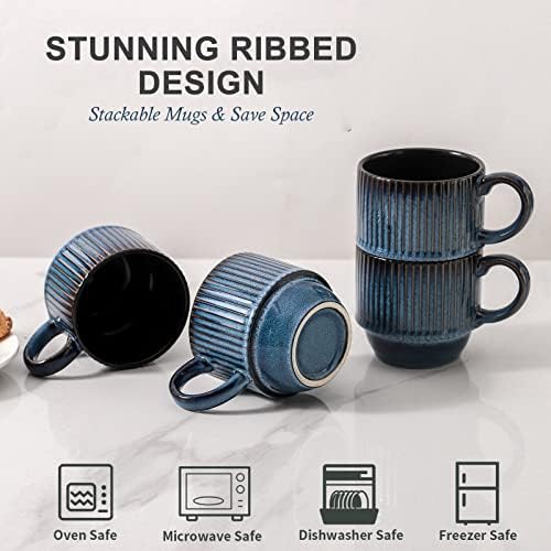 Hasense Navy Coffee Mugs Porcelain Set of 4 with Rack - 12 oz Stackable Coffee Cups Ceramic, Modern Ribbed Latte Cup Sets for Cappuccino, Tea, Espresso, Hot Cocoa, Drinks - Dishwasher & Microwave Safe - Image 4