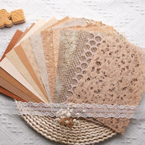 15Pcs Handmade Scrapbook Art Paper Craft Textured Paper Colorful A5 sheet Mesh Special Mix for Scrapbooking Junk Journal Journaling Supplies DIY Materials,5.8x8.2 inches (Brown) by LewuwoPoing