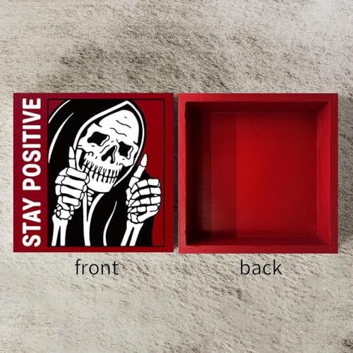 Halloween Decoration Gothic Skull Decor - Stay Positive Skulls Sign for Home Office Desk Accessories - 5 x 5 Inches (Red) - Image 3