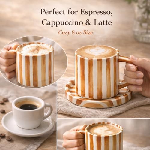 8oz Handmade Ceramic Espresso Mug with Coaster, Speckled Glaze Aesthetic Coffee Cup, Minimalist Striped Cappuccino Flat White Mug, Microwave Safe (orange) - Image 5