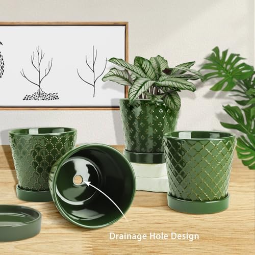 EFISPSS Ceramic Plant Pots, 5 Inch Planters with Drainage Holes and Ceramic Tray, Relief Design Flower Planter, Desktop Office Windowsill Decoration Gift Set of 4 - Blackish Green - Image 3
