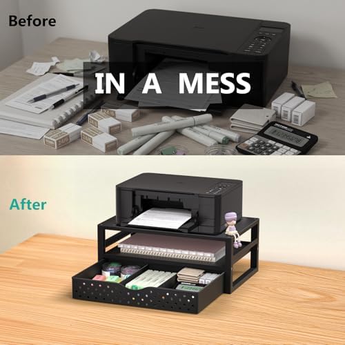 WALI Desk Organizer with Drawer，Computer Monitor Stand with Storage, Desk Organizers and Accessories for Computer, Printer, Laptop Riser for Home Office Supplies, (PTT005-B), 1 Pack, Black - Image 6