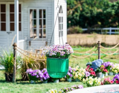 Melphoe 2 Pack Self Watering Hanging Planters Indoor Flower Pots, 8.3 Inch Outdoor Hanging Basket, Plant Hanger with 3Hooks Drainage Holes for Garden Home (Emerald) - Image 2