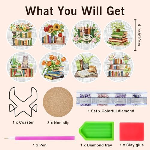 Diamond Art Coasters Kit for Adults, 8PCS Book Lover Coasters with Holder - Image 3