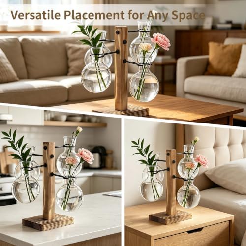 Hydroponic Plant Propagation Station, 4 Clear Round Glass Vases with Solid Wood Base, Mini Landscape Decor Set for Desktop Ornament, Home Garden Display, Ideal Choice for Plant Lovers - Image 5