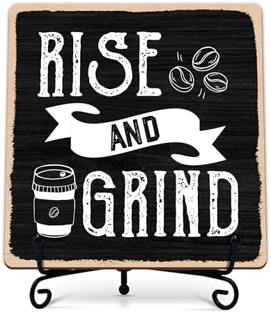 Coffee Bar Sign, Rise and Grind Farmhouse Tabletop Decor, Coffee and Tea Lover Gifts, 5x5 Wood Plaque with Iron Stand for Home Kitchen Cafe, Coffee Bar Decor – A01 by Unknown