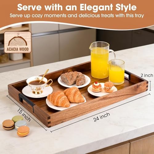 Large Ottoman Tray for Living Room and Coffee Table, Decorative Acacia Wood Serving Tray with Metal Handles for Breakfast in Bed, Dinner Food Kitchen TV (Natural, 24" x 15" x 2") - Image 2