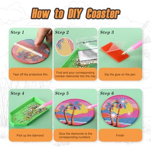 Zynlio Sunset Diamond Paintings Coasters Kits Set with Holder,Diamond Art, DIY Diamond Crafts Coasters for Adults, Diamond Art Painting Kits for Women, Beginners, Diamond Craft Supplies - Image 4
