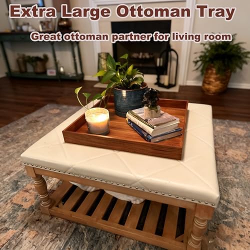 Serving Tray with Handles, 20 Inch Large Square Ottoman Tray Acacia Wood Decorative Tray for Living Room, Ottoman Coffee Table, Kitchen, Appetizers, Breakfast, Patio, Party - Image 2