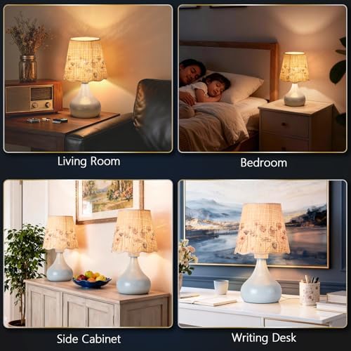 Ziqqeelam Blue Small Bedside Cute Table Lamp for Bedroom, Table Lamps for Nightstand, Scalloped Rattan Shade Table Lamps for Small Spaces for Bedroom, Home Office, Living Room - Image 3