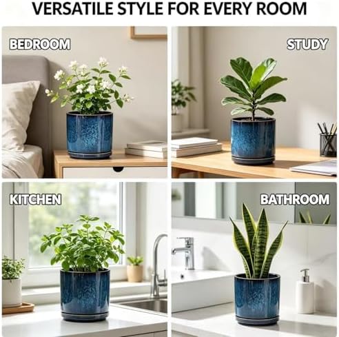 Ekirlin 7 Inch Plant Pot, Modern Ceramic Glaze Planters for Indoor Plants, Round Flower Pots with Drainage Hole and Saucer, Succulent Planter Pot for Orchid, Pothos, Snake Plant,Gift for Plant, Blue - Image 6