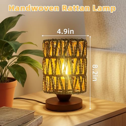 Rattan Small Bedside Table Lamp for Bedroom,Handmade Boho Desk Lamp for Small Spaces,Vintage Wicker Wooden Nightstand Farmhouse Bamboo Woven End Table Lamps for Living Room Kids Room,Bulb Included - Image 5
