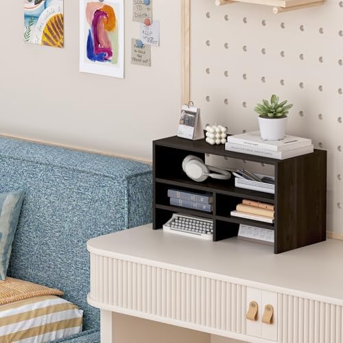 Wood Office Supplies Organizer with Storage Spaces, Desk Top Organizer Shelf with Five Storage Compartments for Desk, Office, Dorm, Classroom, Black - Image 2