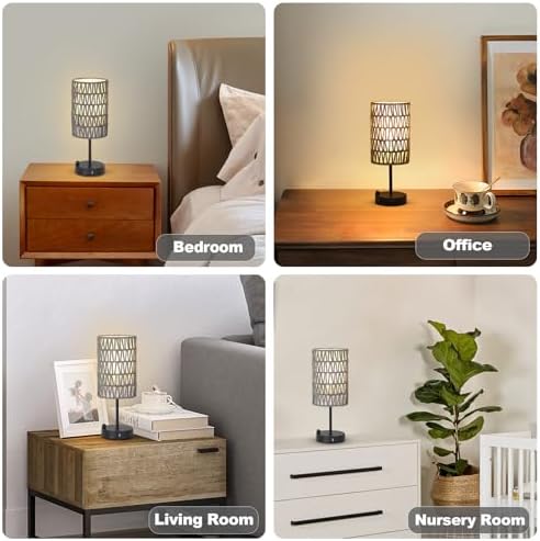 Touch Bedside Lamp For Bedroom with Bulb, Gray Boho Small Table Lamp For Living Room With Rattan & Linen Shade, 3 Way Dimmable Table Lamp For Nightstand With USB Charging Port & Phone Stand For Office - Image 7