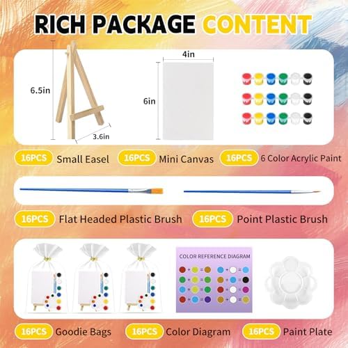 16 Pack 4x6 Inch Acrylic Paint Set - Mini Canvas and Easel Kit for Painting, Tabletop Craft Supplies with Brushes & Palettes, Complete Art Set for Kids & Adults, Classroom, Party Favors & Display - Image 2