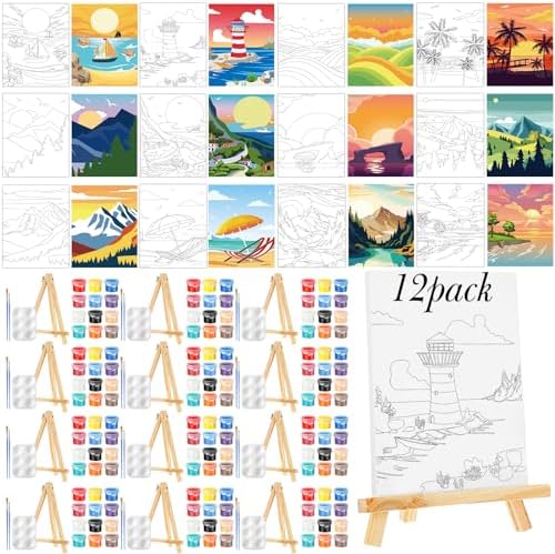 Zhanmai 72 Pcs 12 Sets Sip and Paint Kit Pre Drawn Canvas for Painting 8" x 10" Paint Party Canvas Painting Pre Printed Canvases for Party DIY Virtual Adult's Date Night(Landscape) by Zhanmai