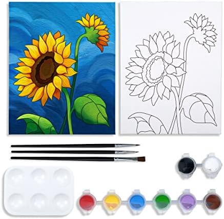 VOCHIC Canvas Painting Kit, 8x10 Pre Drawn Sunflower Art, 8 Acrylic Colors, 3 Brushes, Pallet, Adult Party Supplies by VOCHIC