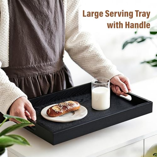 Wooden Serving Tray with Handles, 16.9 Inch Coffee Table Tray for Daily Use, Farmhouse Wood Tray for Breakfast, Lunch, Dinner, Home Kitchen Dining Tabletop Decor, Ottoman Decorative Tray, Black - Image 2