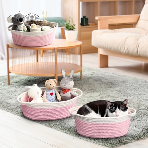 2 Pack Small Woven Basket with Gift Bags and Ribbons, Empty Decorative Gift Chest Box, Cute Baby Gift Basket for Nursery, Cotton Rope Room Shelf Storage Basket with Handles, All 12"x 8"x 5", Pink - Image 4