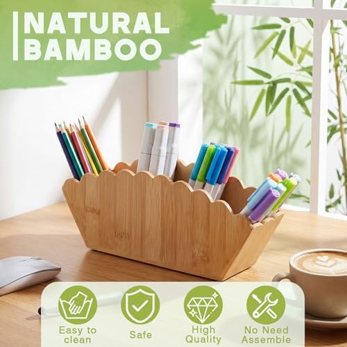 Jetec Scalloped Bamboo Pencil Holder, 4 Compartment Wooden Desk Organizer - Image 4