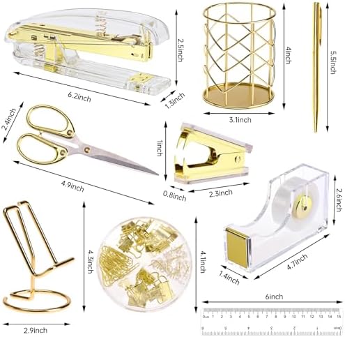 EOOUT Gold Office Supplies Set Desk Accessories, Acrylic Stapler Set Staple Remover, Phone Holder, Tape Holder, Pen Holder, 2 Ballpoint Pen, Scissor, Binder Clips, Ruler, Transparent Glue and Staples. - Image 2