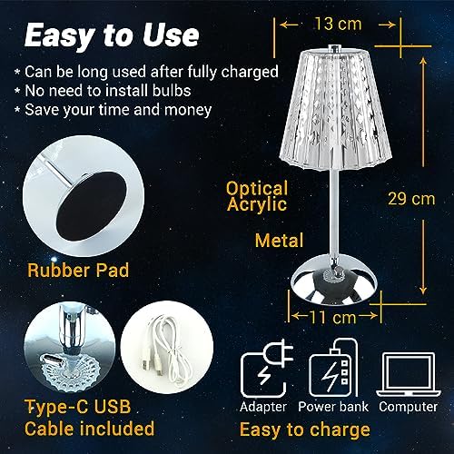 Cordless Rechargeable Metal Table Lamp, Crystal Shade, Silver - Image 6