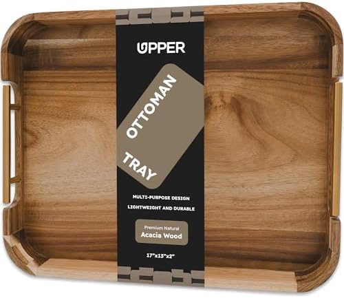 Acacia Wood Ottoman Tray with Handles, 17x13 Inch Rectangle Serving Tray for Coffee Table, Living Room & Breakfast, Decorative Wooden Ottoman Tray with Anti-Skid Pads (Gold Handle 01) by Upper