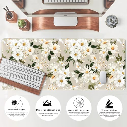 Daisy Floral Daisies Large Mouse Pad Watercolor Flowers Desk Mat, Washable Mousepad LYC Cloth Stitched Edges Women Girls Gaming Mousepad Computer Pc Laptop Desk Mat 31.5 X 11.8 in - Image 5