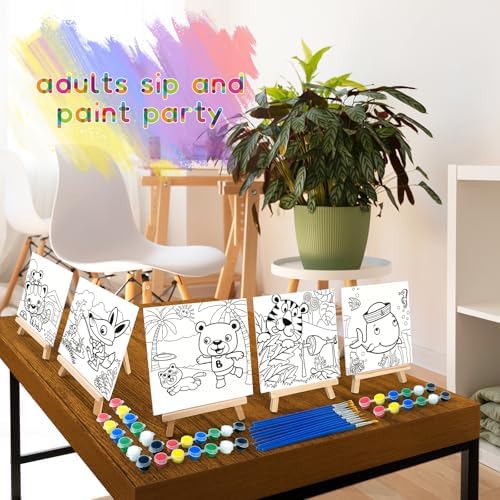 SytuHete 48PCS 12 Sets Printed Canvas Paint Art 12 Pcs Wooden Easel Set Paint Pots and Brushes and 12 Pre Drawn Canvas Panel 12 Pcs Mini Apron and Tote Bag for Kids(Classic) - Image 5