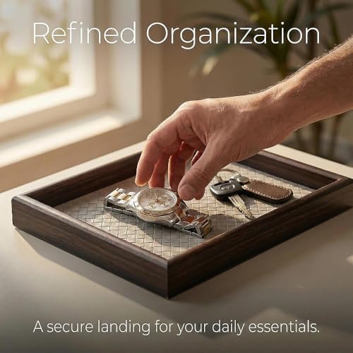 Wooden Valet Tray with Leather Base - Nightstand Catchall Organizer for Cologne, Perfume, Keys, Wallet, Phone, Watch, Jewelry & Sunglasses (Llight Gray) - Image 6